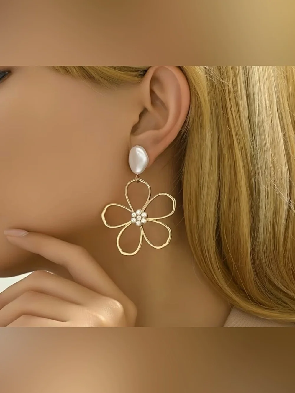 Gold Flower Drop Earrings with Pearl Accent - Elegant Women’s Jewelry